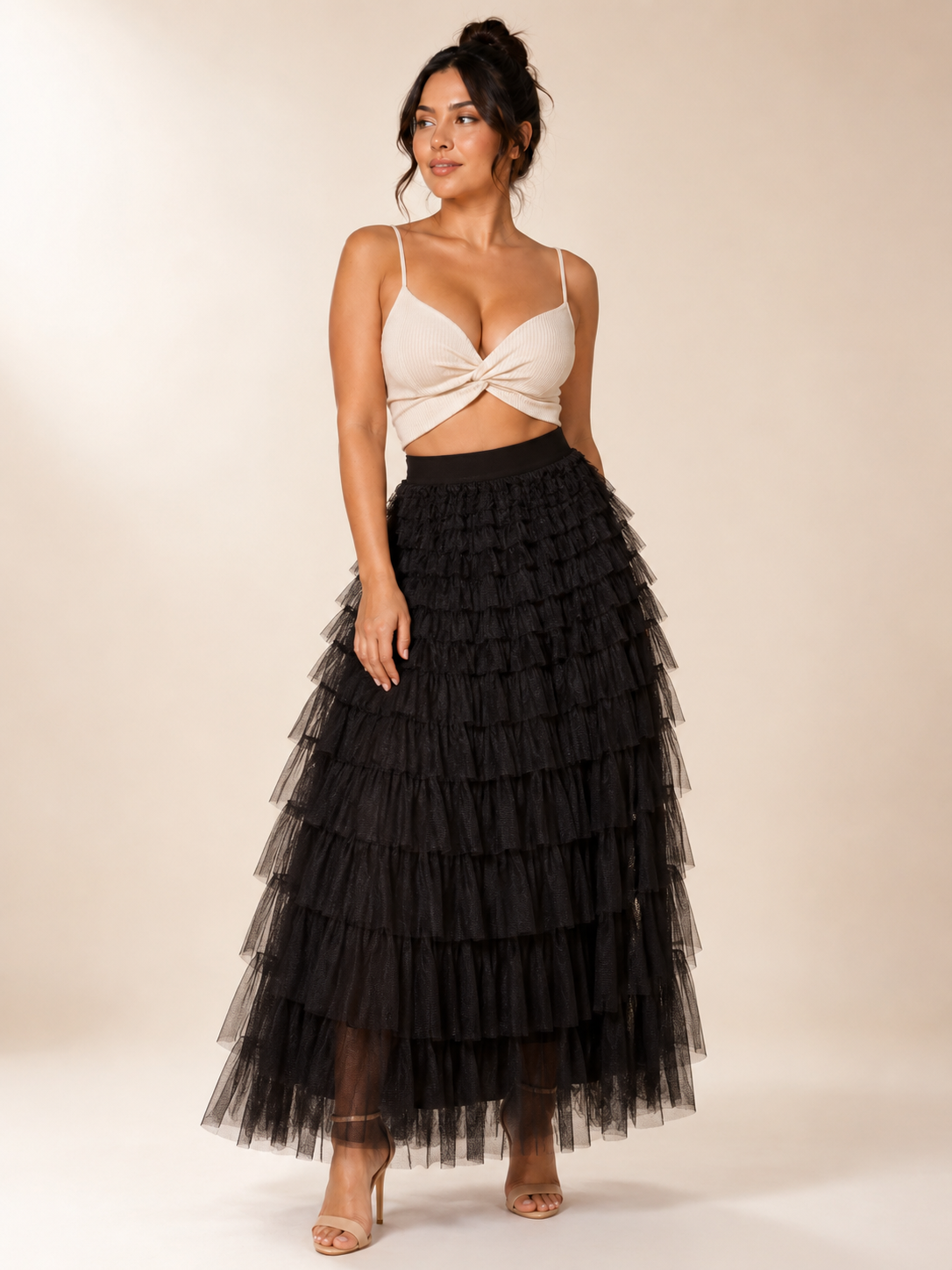 Women's A-Line Mesh Ruffle Maxi Skirt Slim Fit Sweet Flowy Long Skirt