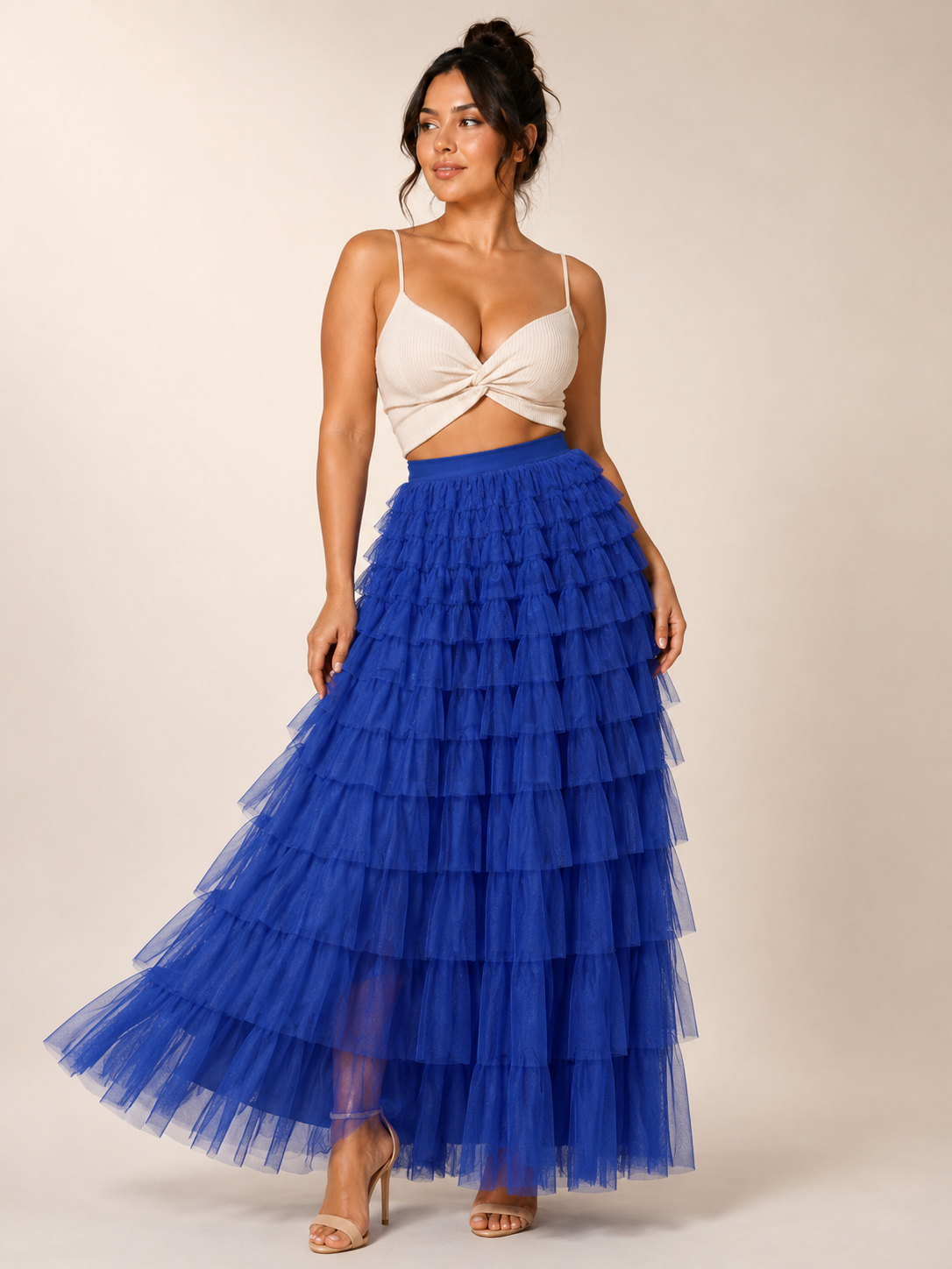 Women's A-Line Mesh Ruffle Maxi Skirt Slim Fit Sweet Flowy Long Skirt