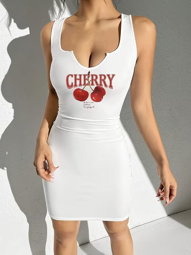 Cherry Pattern Sleeveless Fitted Mini Dress For Women