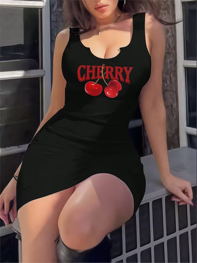 Cherry Pattern Sleeveless Fitted Mini Dress For Women