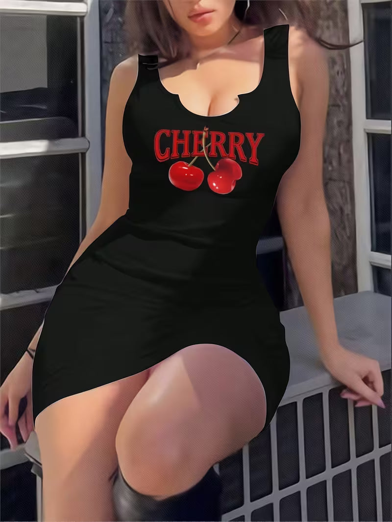 Cherry Pattern Sleeveless Fitted Mini Dress For Women