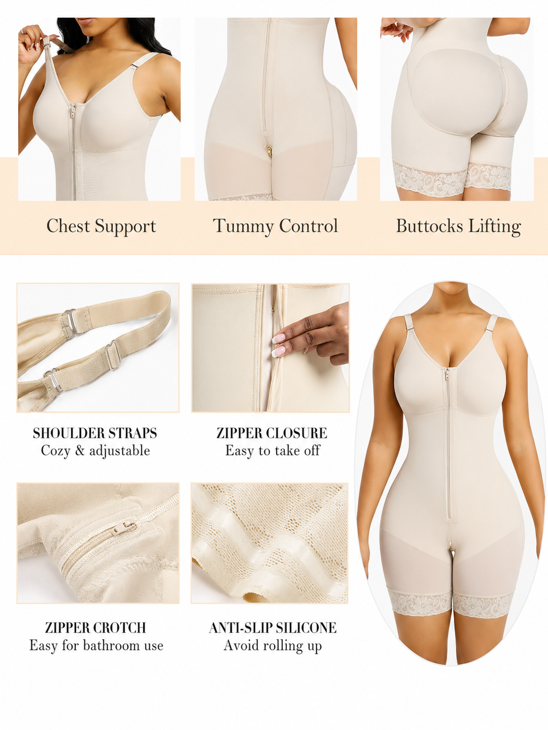 Postpartum Tummy Control Body Shaper Zipper Crotch Butt Lifting Shapewear