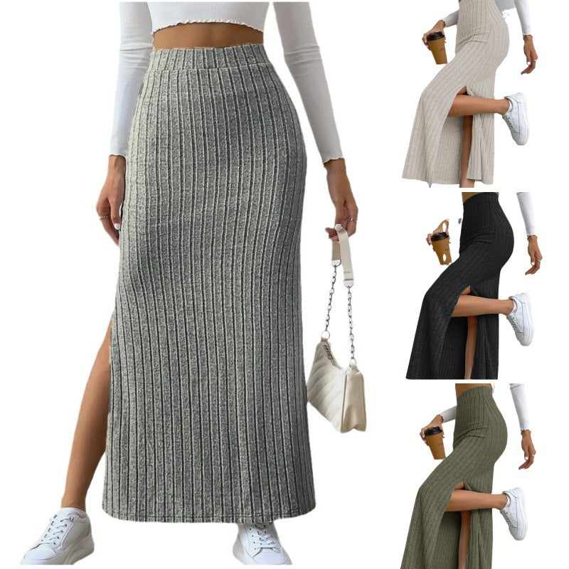High Waist Knit Maxi Skirt with Side Slit Slim Fit Spring Long Skirt for Women