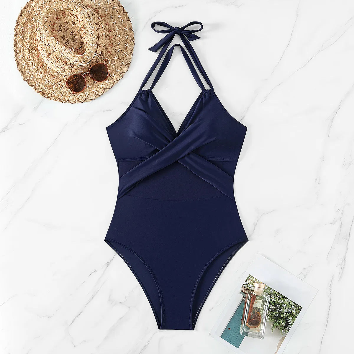 Women's Halter Neck One Piece Swimsuit Mesh Cross Strap Solid Bikini Beachwear