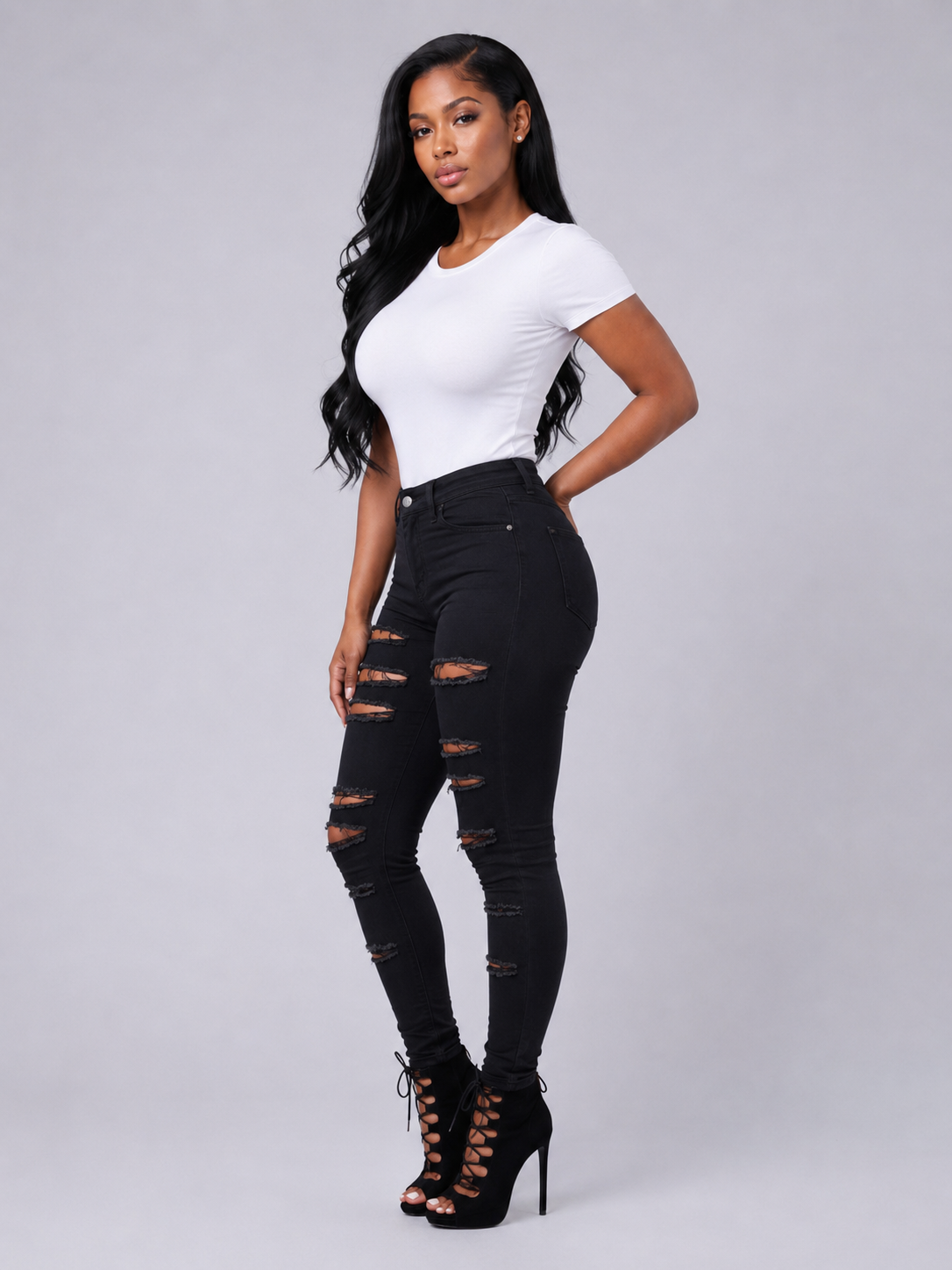 High Quality Casual Hole Jeans High Waist Skinny Denim Jeans