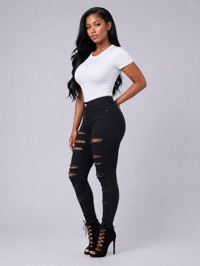 High Quality Casual Hole Jeans High Waist Skinny Denim Jeans