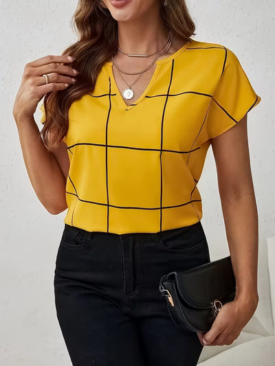 Plaid Print Notched Neck Blouse Casual Short Sleeve Spring Summer Top
