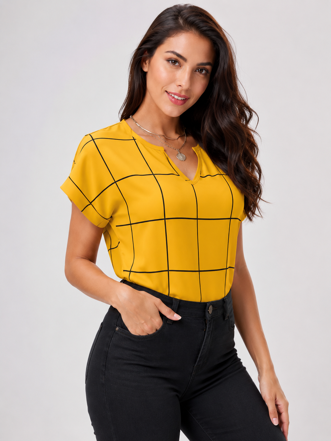 Plaid Print Notched Neck Blouse Casual Short Sleeve Spring Summer Top