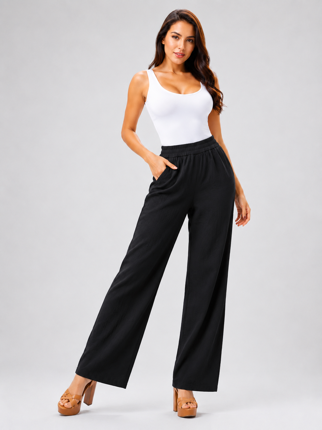 Women's Cotton Linen Wide Leg Pants Elastic Waist Loose Fit Casual Trousers