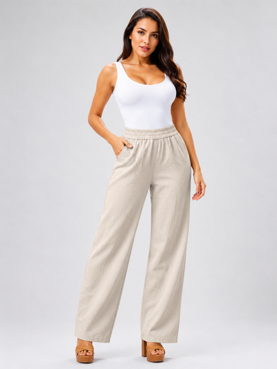 Women's Cotton Linen Wide Leg Pants Elastic Waist Loose Fit Casual Trousers