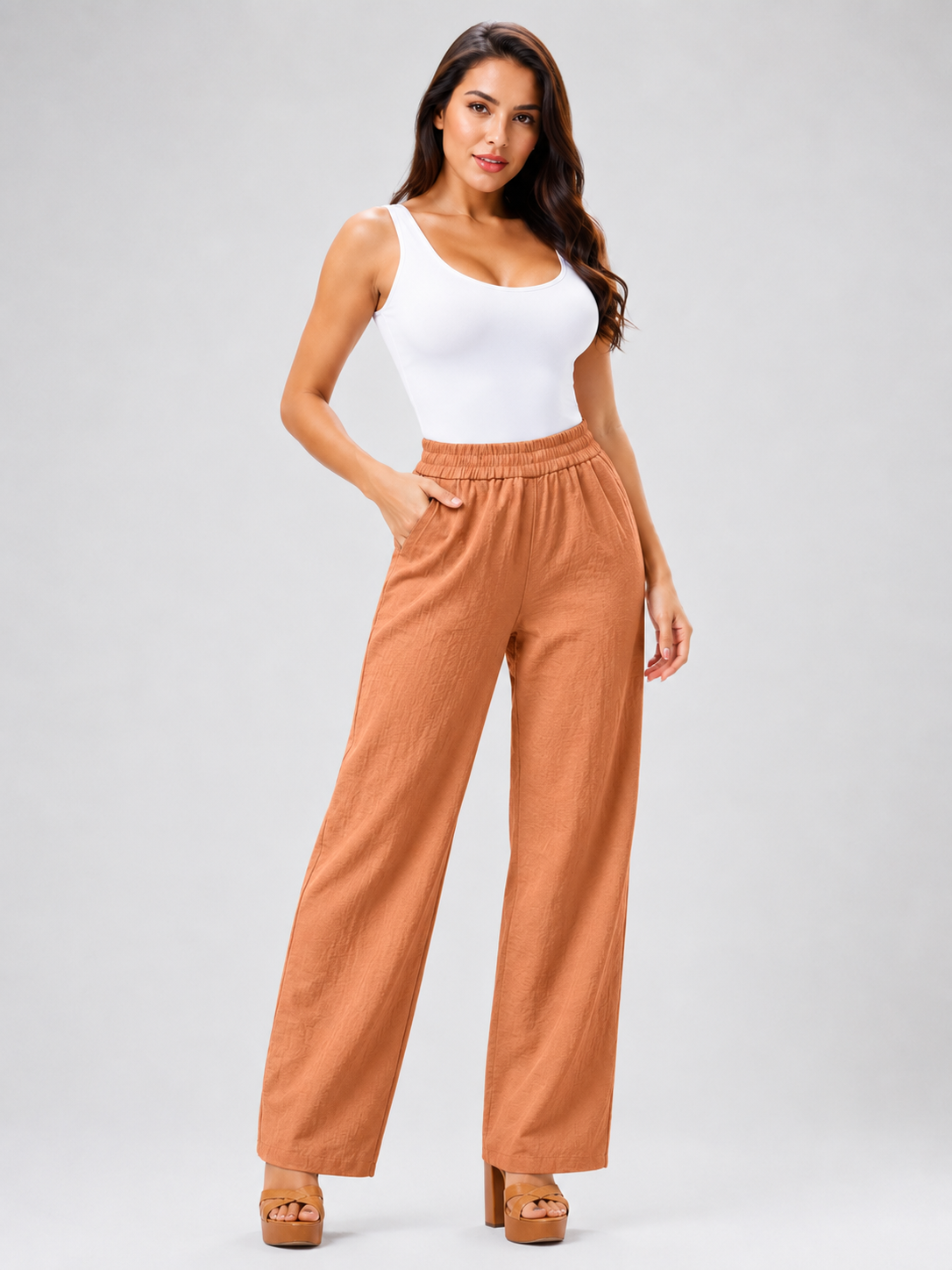 Women's Cotton Linen Wide Leg Pants Elastic Waist Loose Fit Casual Trousers
