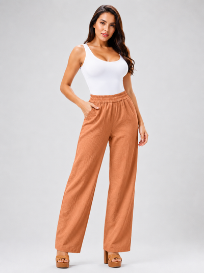 Women's Cotton Linen Wide Leg Pants Elastic Waist Loose Fit Casual Trousers