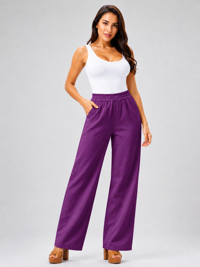 Women's Cotton Linen Wide Leg Pants Elastic Waist Loose Fit Casual Trousers
