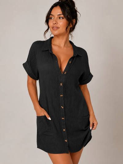 Women's Cotton Linen Shirt Dress V Neck Button Down Casual Summer Midi Dress