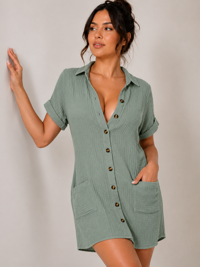 Women's Cotton Linen Shirt Dress V Neck Button Down Casual Summer Midi Dress
