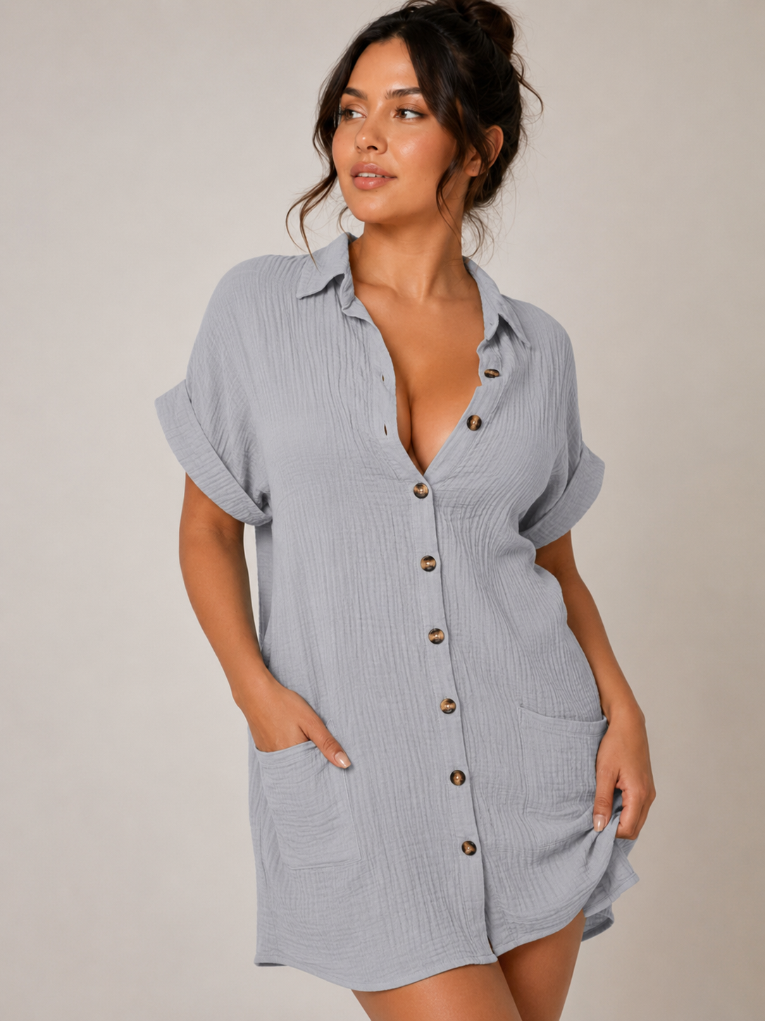 Women's Cotton Linen Shirt Dress V Neck Button Down Casual Summer Midi Dress