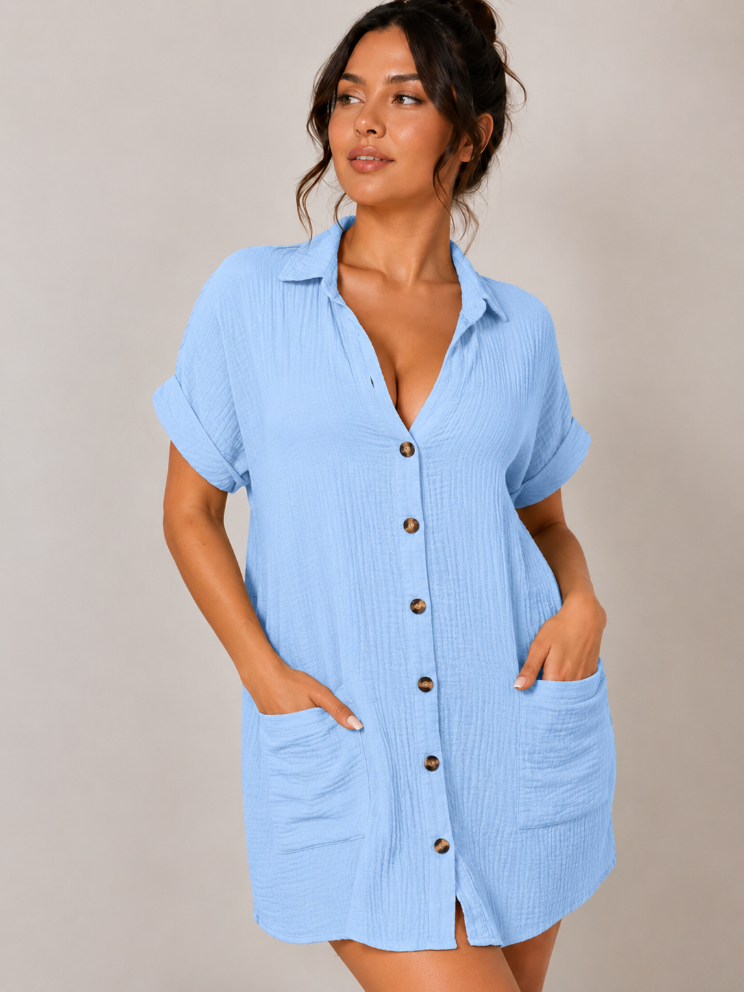 Women's Cotton Linen Shirt Dress V Neck Button Down Casual Summer Midi Dress