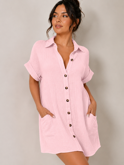 Women's Cotton Linen Shirt Dress V Neck Button Down Casual Summer Midi Dress