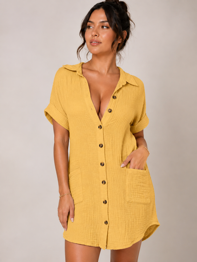 Women's Cotton Linen Shirt Dress V Neck Button Down Casual Summer Midi Dress