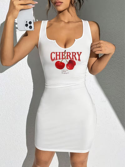 Cherry Pattern Sleeveless Fitted Mini Dress For Women