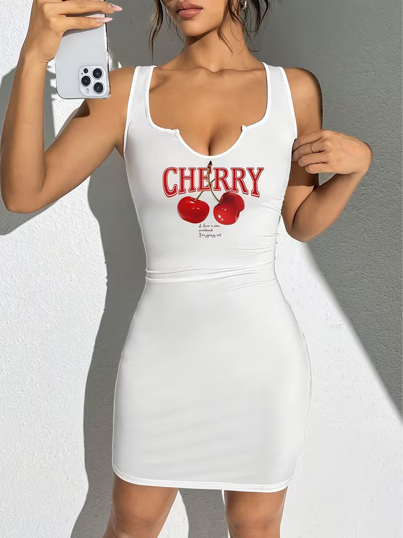 Cherry Pattern Sleeveless Fitted Mini Dress For Women