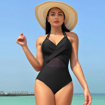 Women's Halter Neck One Piece Swimsuit Mesh Cross Strap Solid Bikini Beachwear