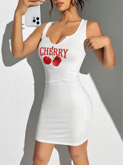 Cherry Pattern Sleeveless Fitted Mini Dress For Women