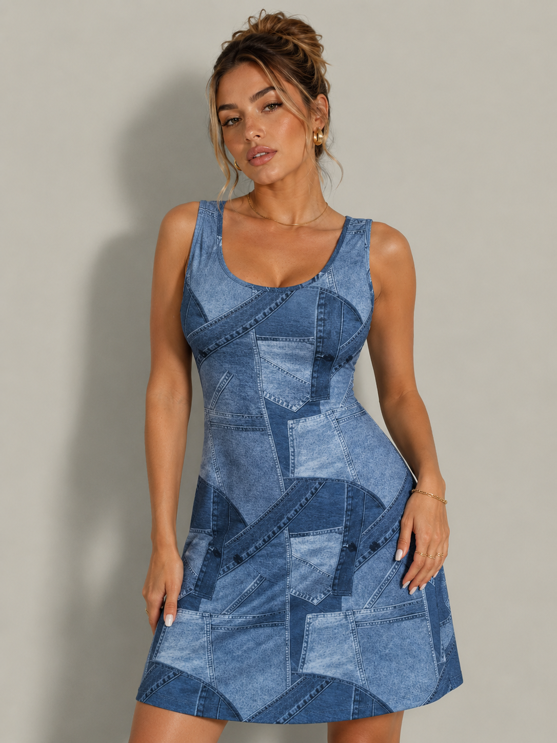 Denim Mini Dress U Neck Shoulder Cutout Casual Sleeveless Summer Dress