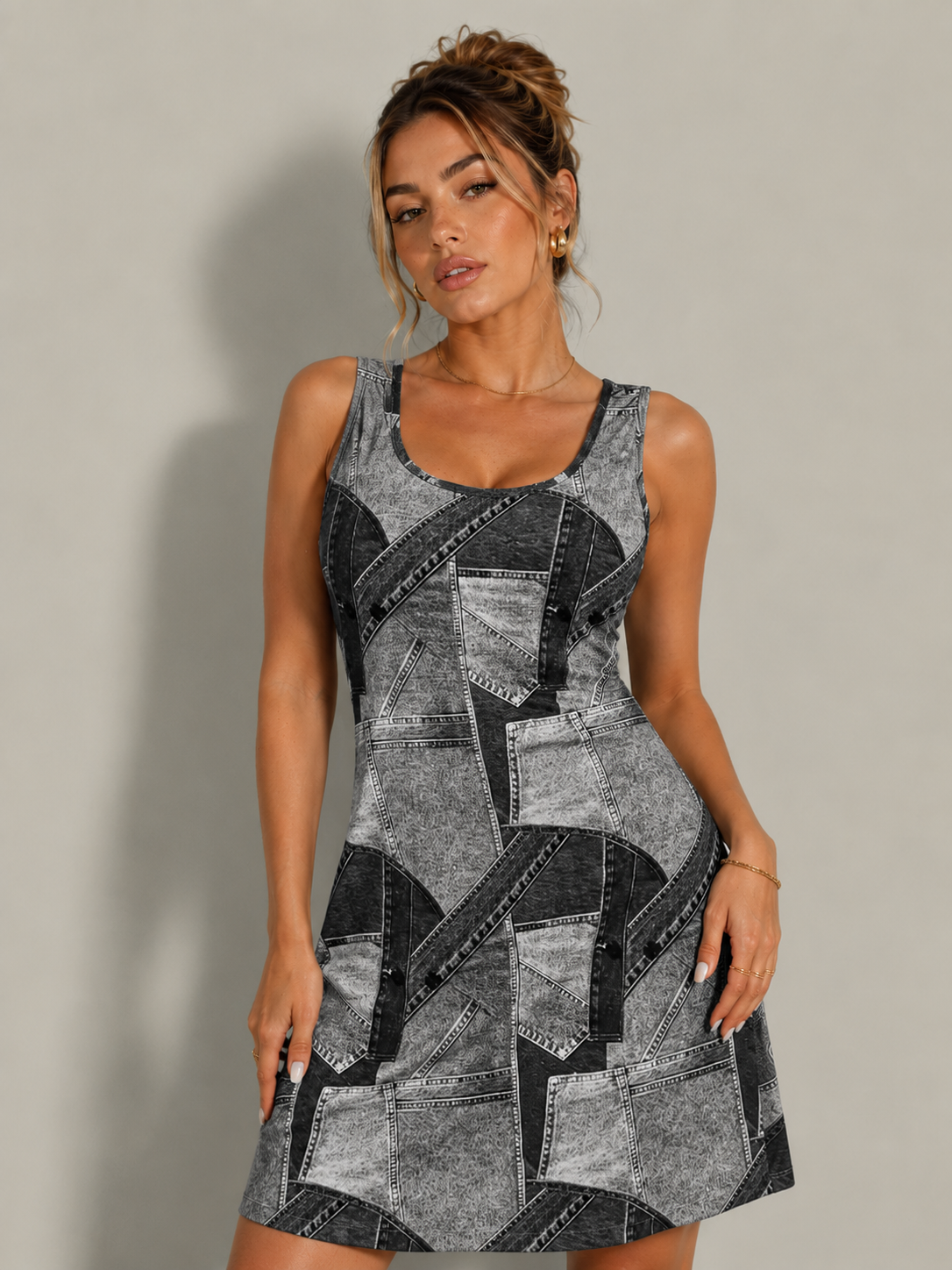 Denim Mini Dress U Neck Shoulder Cutout Casual Sleeveless Summer Dress