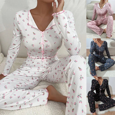 Floral Ribbed Pajama Set – Long Sleeve V-Neck Two-Piece Sleepwear