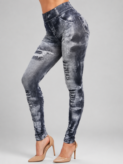 Seamless High-Waist Printed Fake Ripped Corset Imitation Denim Leggings