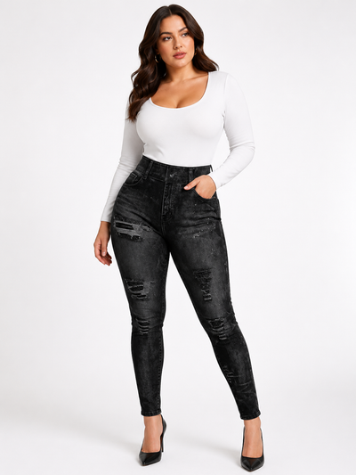 Seamless High-Waist Printed Fake Ripped Corset Imitation Denim Leggings