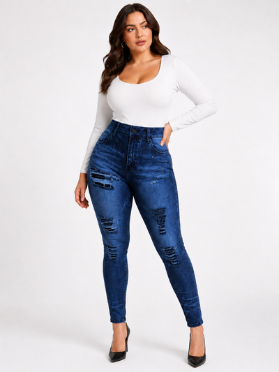 Seamless High-Waist Printed Fake Ripped Corset Imitation Denim Leggings