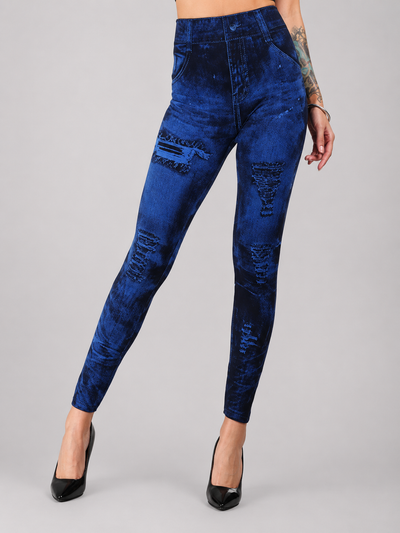 Seamless High-Waist Printed Fake Ripped Corset Imitation Denim Leggings