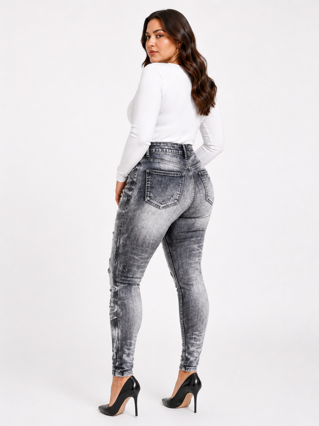 Seamless High-Waist Printed Fake Ripped Corset Imitation Denim Leggings