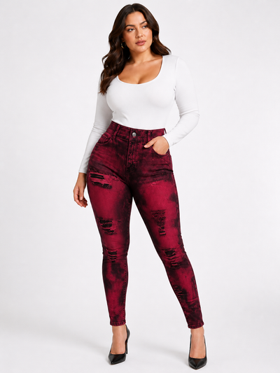 Seamless High-Waist Printed Fake Ripped Corset Imitation Denim Leggings