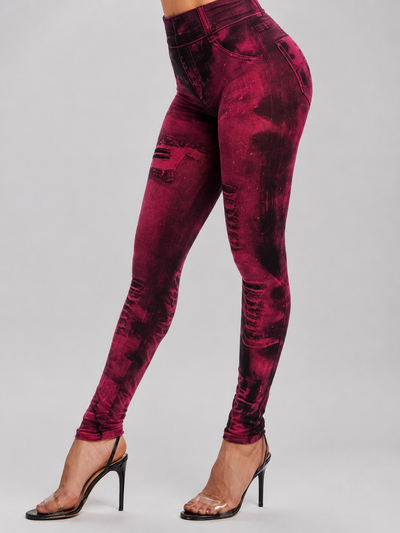 Seamless High-Waist Printed Fake Ripped Corset Imitation Denim Leggings