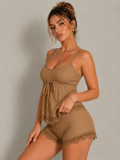 Fine Rib Suspender Shorts Pajama Suit
