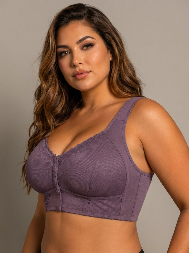 Front Closure Cotton Bra Soft Lace Wireless Comfort Bra for Seniors