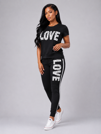 Letter Print Short Sleeve Top and Pants 2 Piece Casual Sports Set