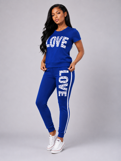Letter Print Short Sleeve Top and Pants 2 Piece Casual Sports Set