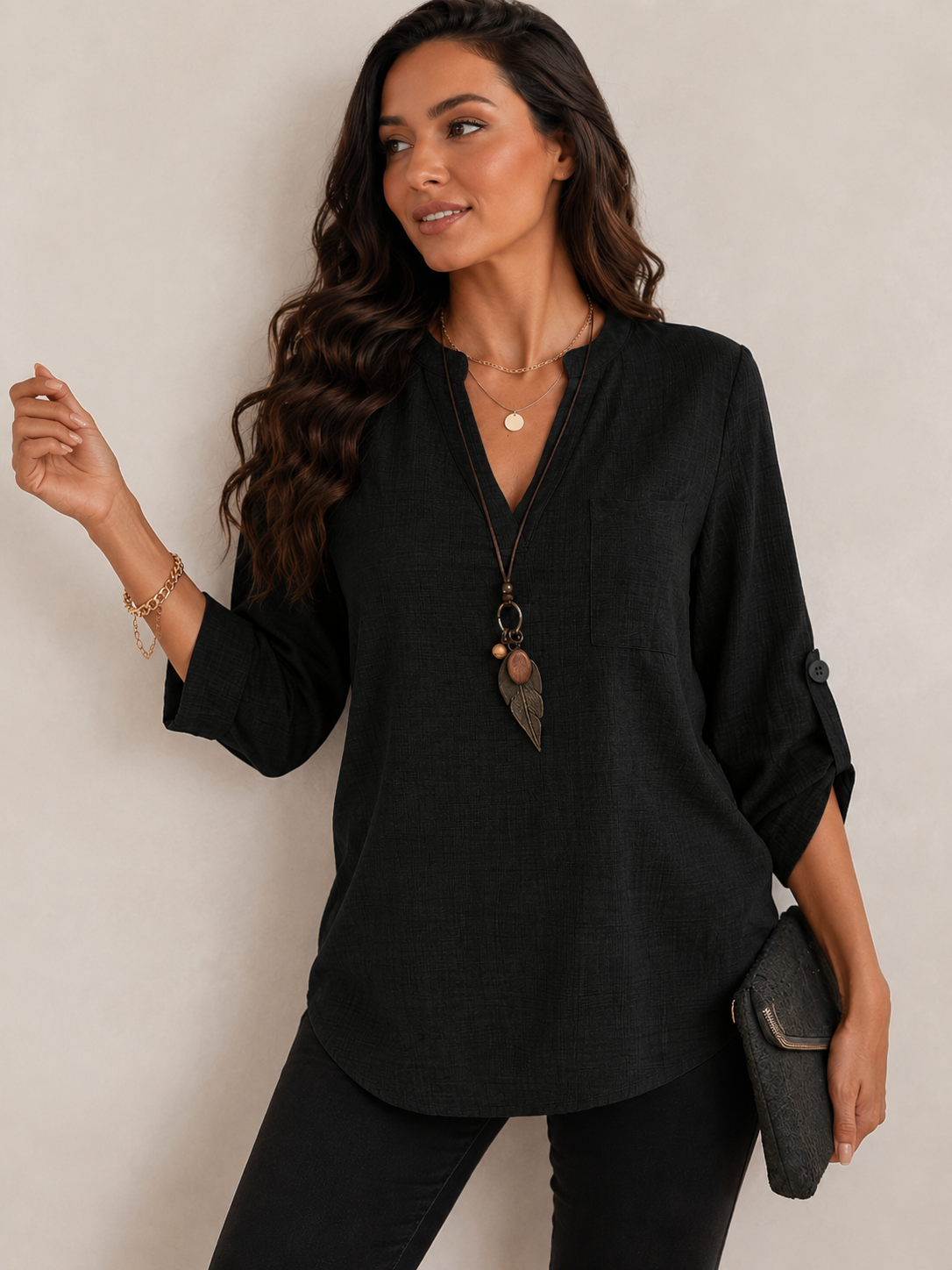 Loose-fitting Plus Size V-neck Solid Color T-shirt