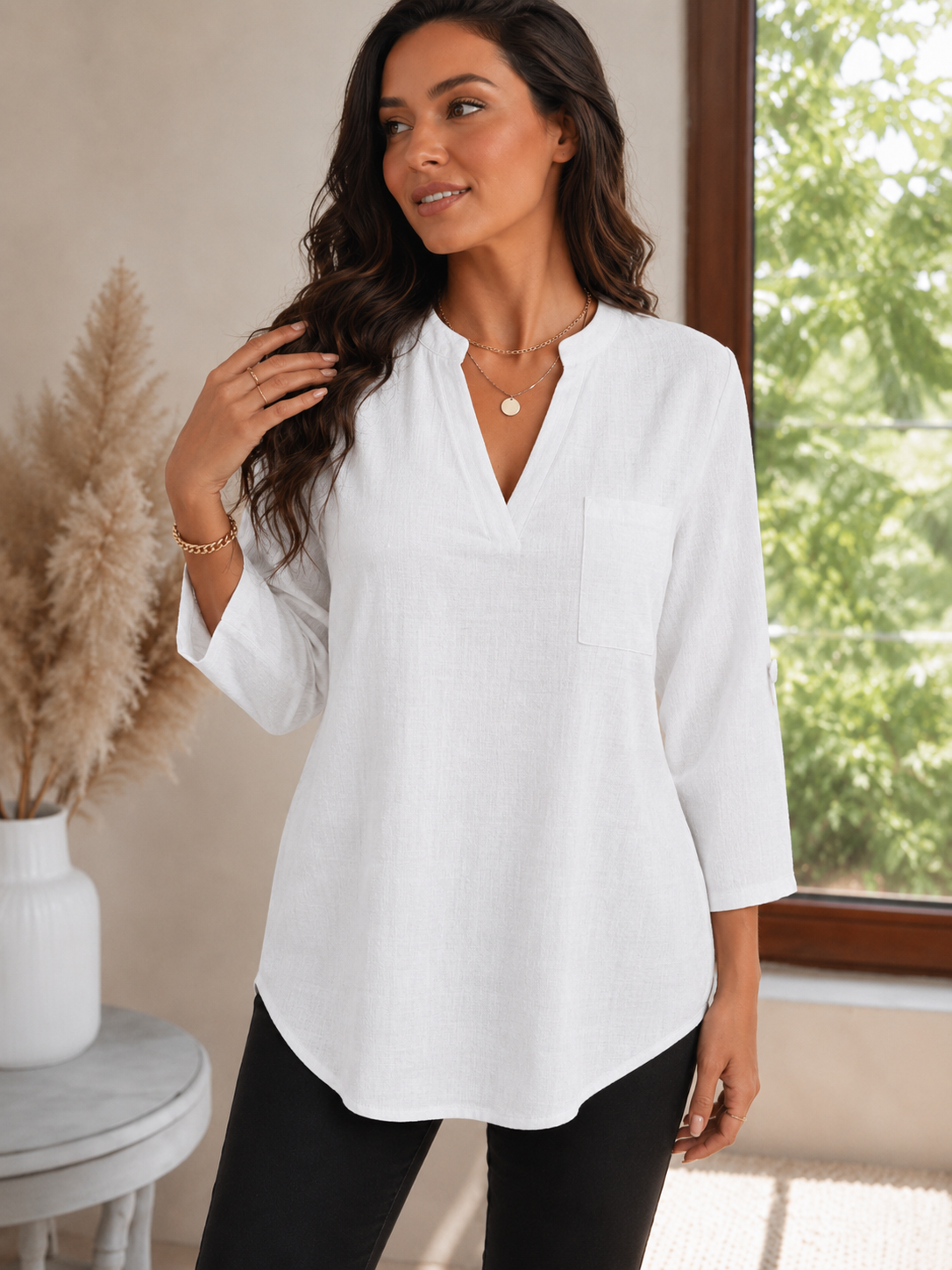Loose-fitting Plus Size V-neck Solid Color T-shirt