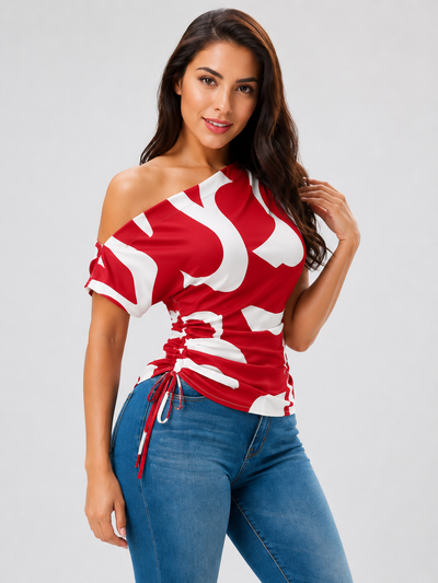 One Shoulder Asymmetric Print Top Side Drawstring Casual Shirt