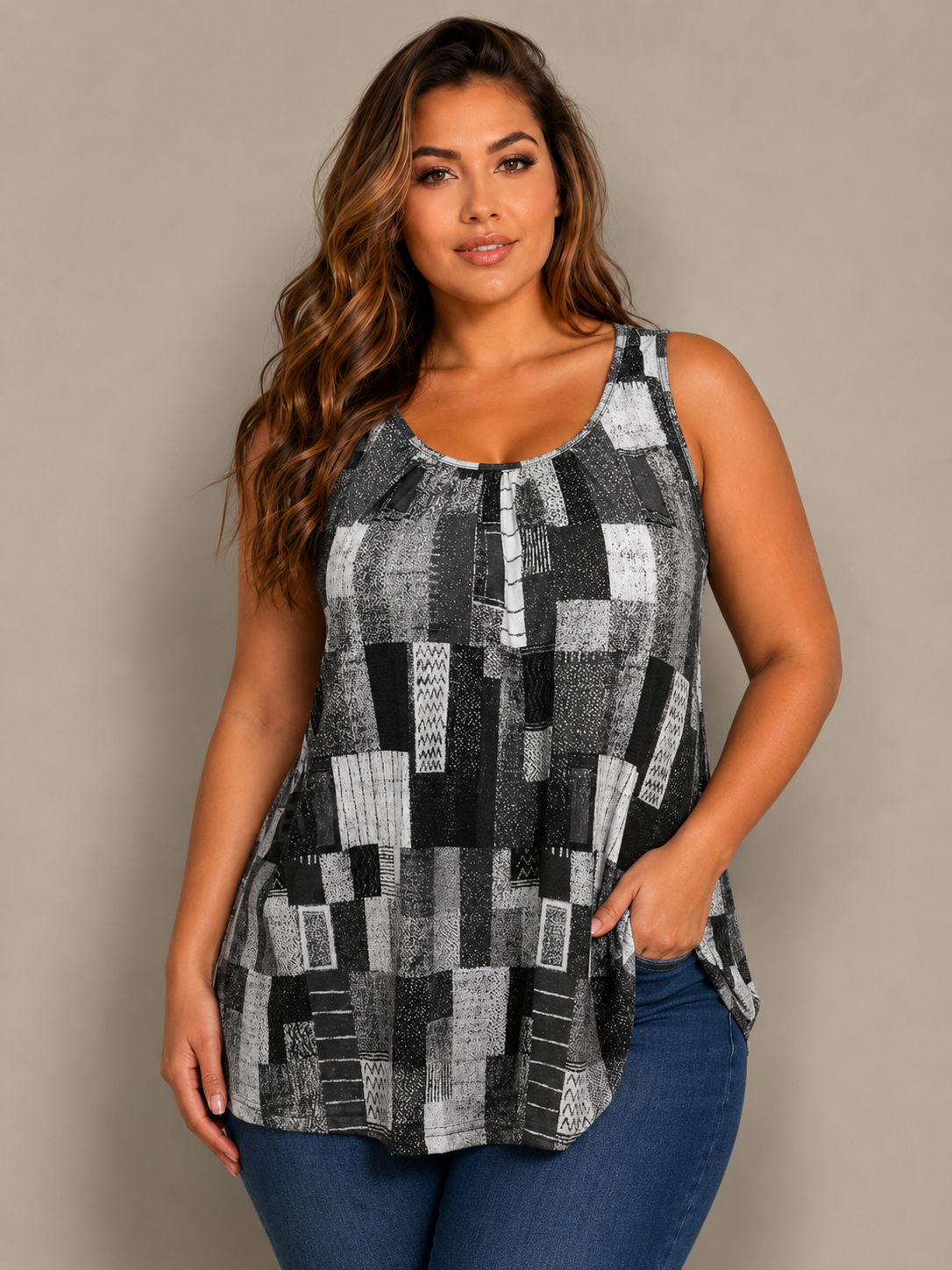 Plus Size Geometric Print Pleated Tank Top Round Neck Casual Summer Top