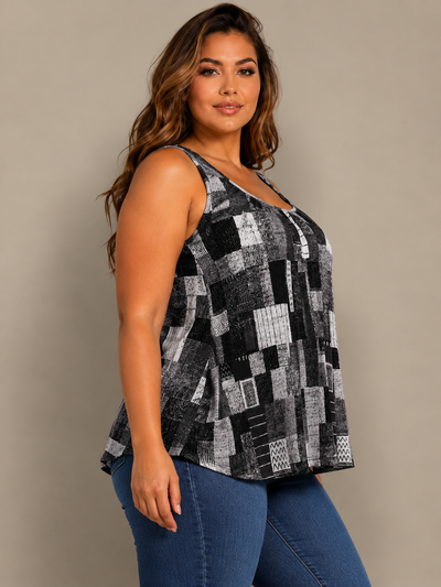 Plus Size Geometric Print Pleated Tank Top Round Neck Casual Summer Top