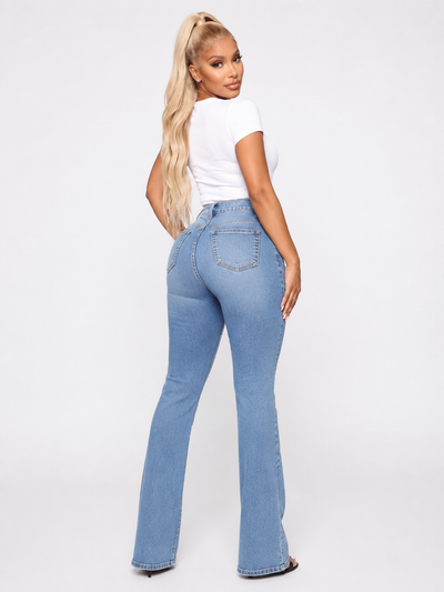 Plus Size Jeans Patch Pocket Washed Ladies High Waist Denim Trousers