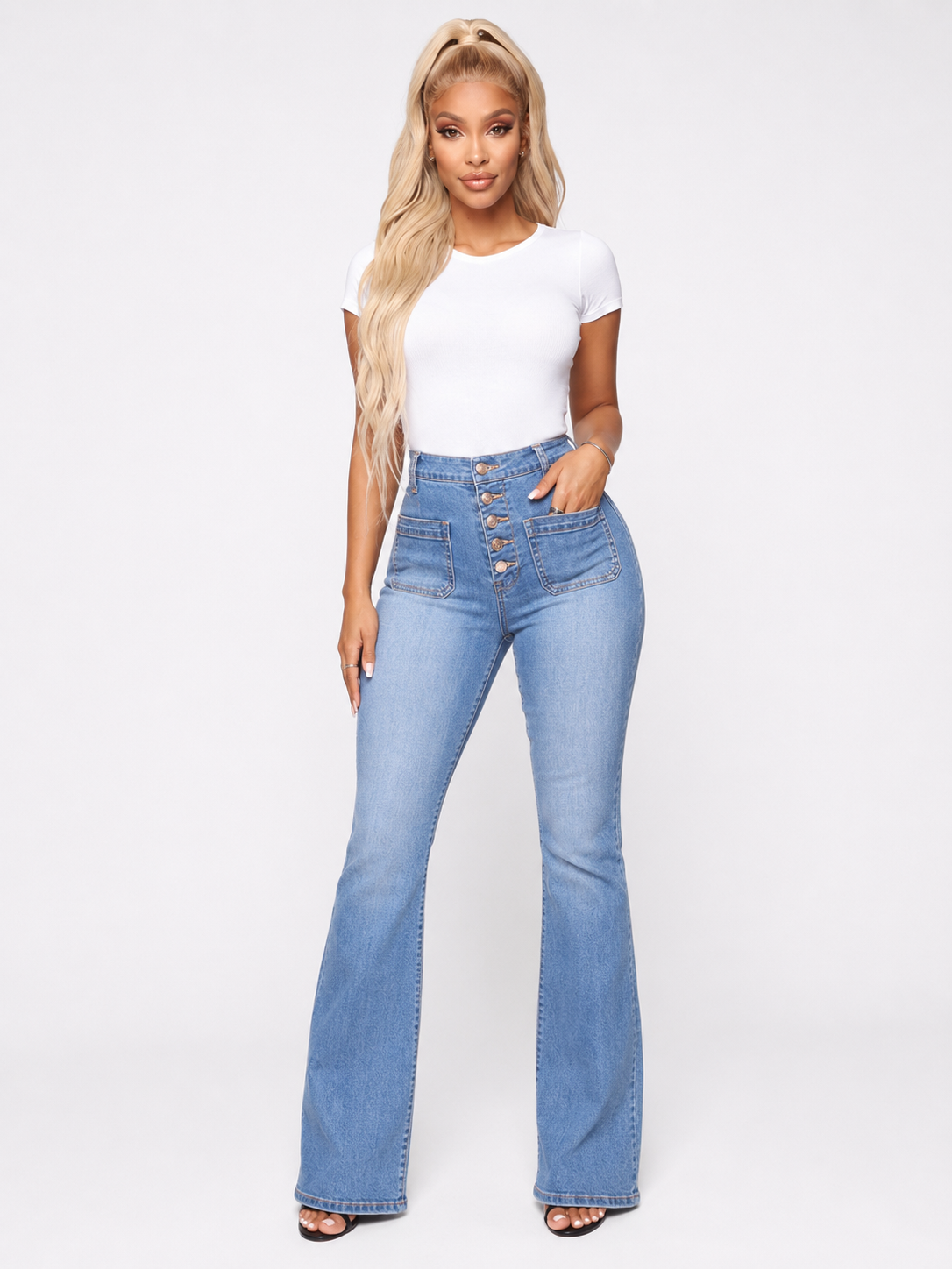 Plus Size Jeans Patch Pocket Washed Ladies High Waist Denim Trousers