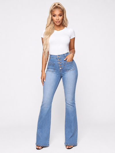 Plus Size Jeans Patch Pocket Washed Ladies High Waist Denim Trousers