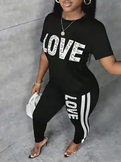 Letter Print Short Sleeve Top and Pants 2 Piece Casual Sports Set